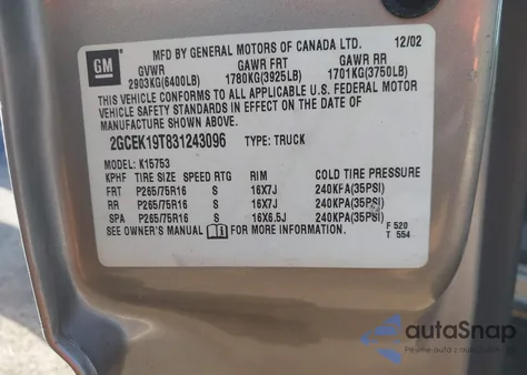 2003 Chevrolet Silverado 1500 Lt z USA, uszkodzony, nr VIN 2GCEK19T831243096